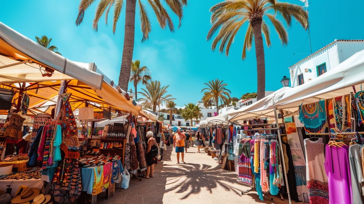 Vista aérea del mercadillo de las Dalias en Ibiza, mostrando puestos coloridos y visitantes disfrutando del mercado - descubre cuándo es el mercadillo de las Dalias en Ibiza