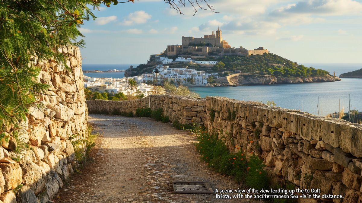 Vista panorámica de Dalt Vila, Ibiza, con indicaciones sobre cómo llegar a este icónico destino turístico