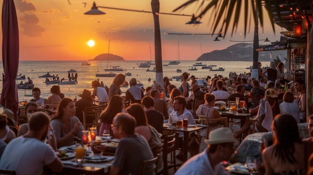 Restaurante popular dónde comer en San Antonio Ibiza, con vista a la playa y mesas llenas de comensales disfrutando de la gastronomía local