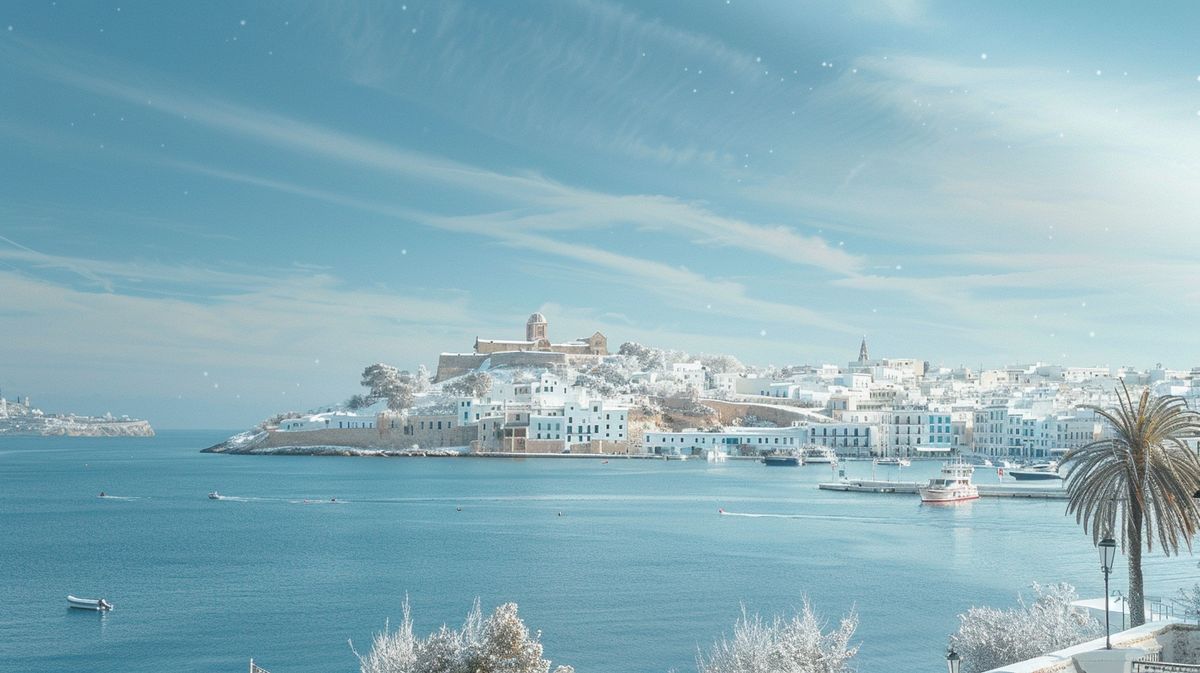 Vista panorámica de la tranquila playa de Ibiza con puesta de sol en invierno, ideal para descubrir qué ver en Ibiza en invierno