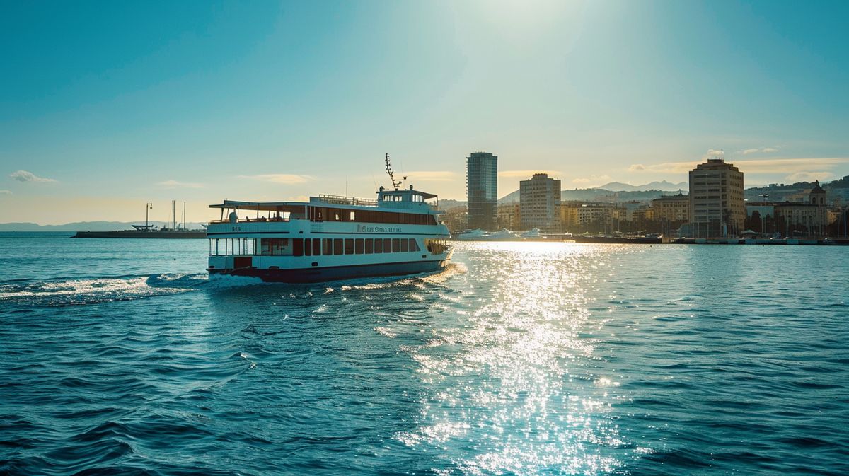 Ferry Valencia Ibiza navegando por el mar al atardecer con pasajeros a bordo