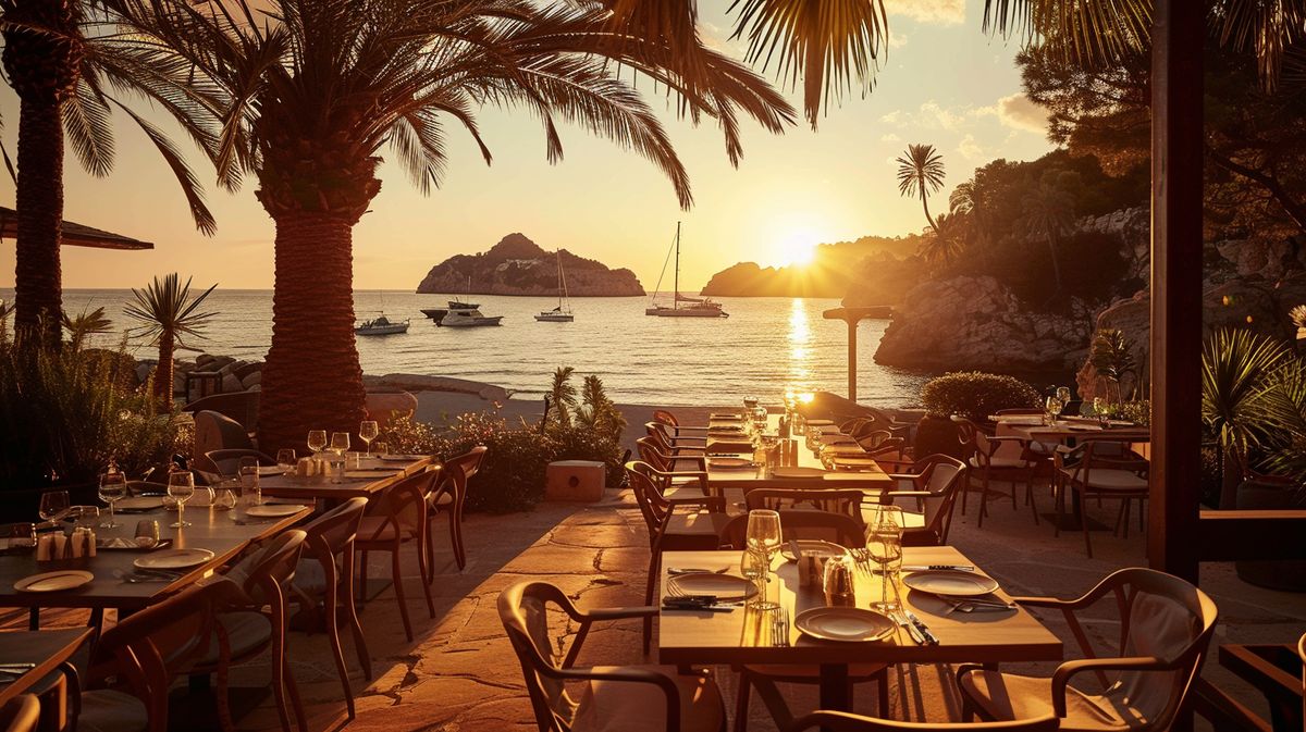 Vista nocturna de un restaurante elegante en Ibiza, ideal para decidir dónde cenar en Ibiza con ambiente acogedor