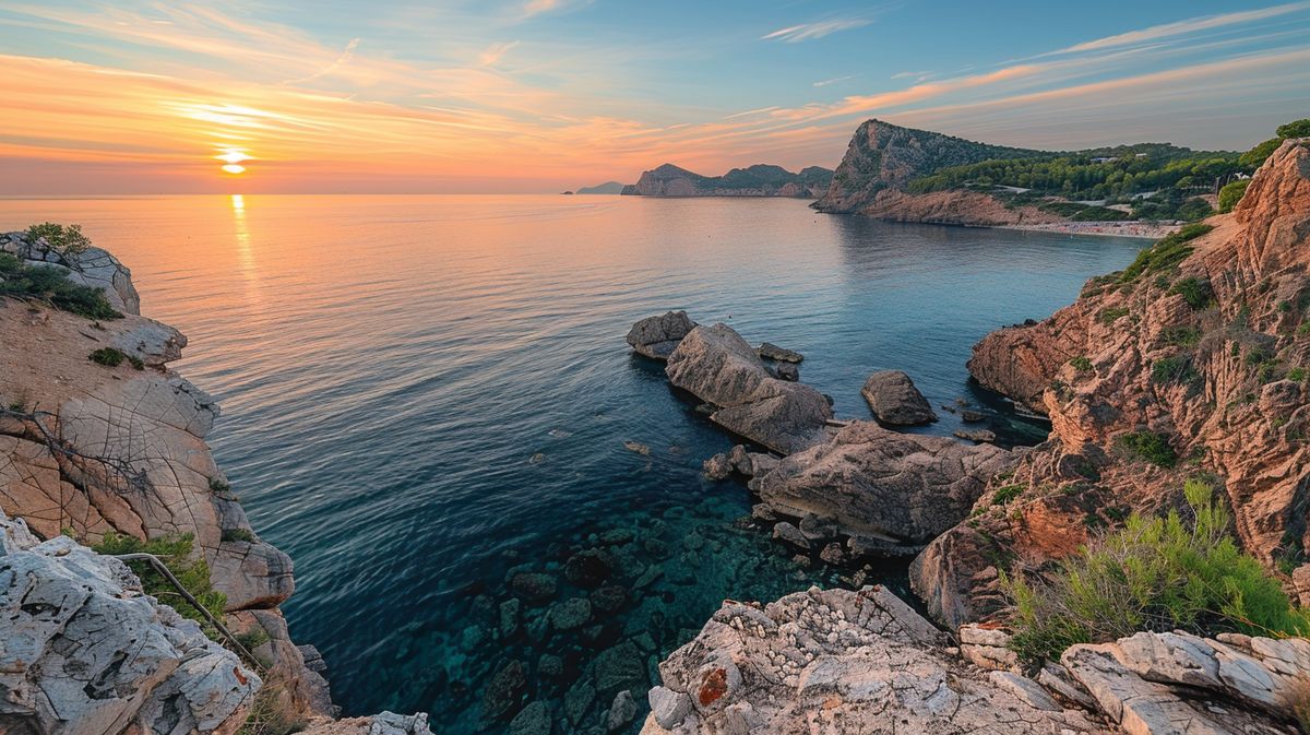 Vista panorámica de El Silencio Ibiza al atardecer con luces tenues y ambiente relajante