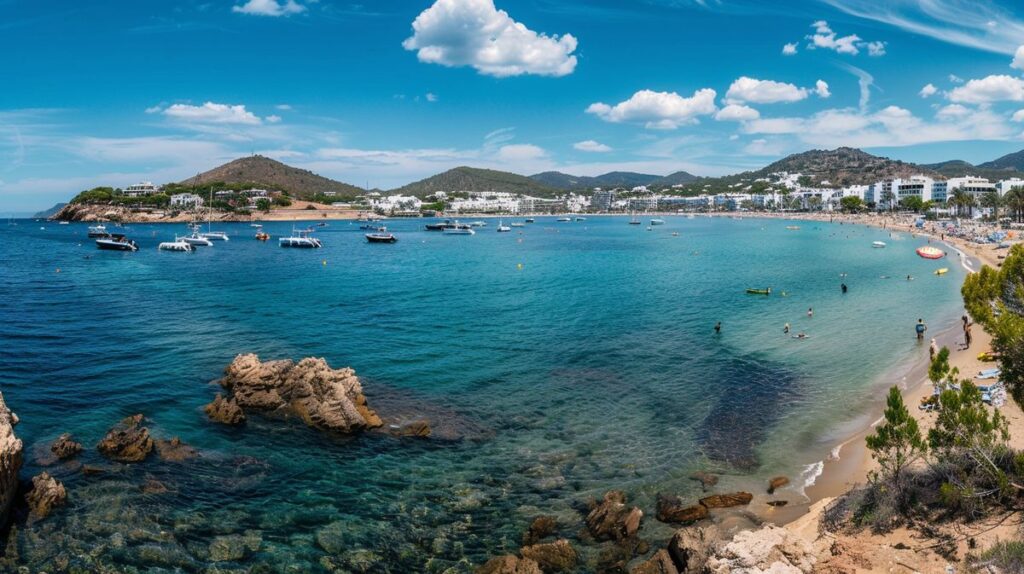 Vista panorámica de la playa y el paseo marítimo en Santa Eulalia, Ibiza, ideal para descubrir qué ver y disfrutar en la isla