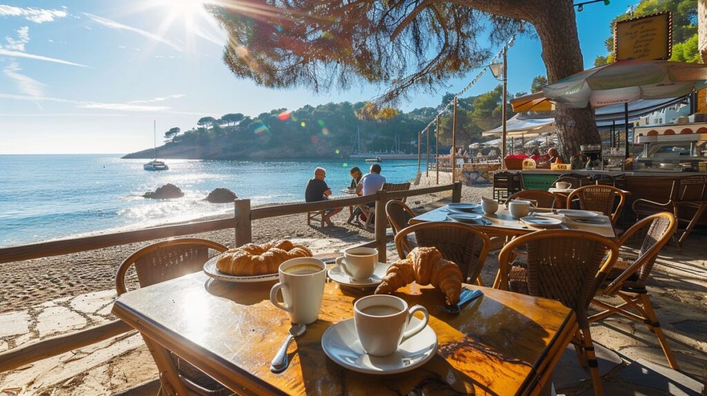 Vista de un delicioso desayuno mediterráneo en una terraza con vista al mar, ideal para quien busca dónde desayunar en Ibiza