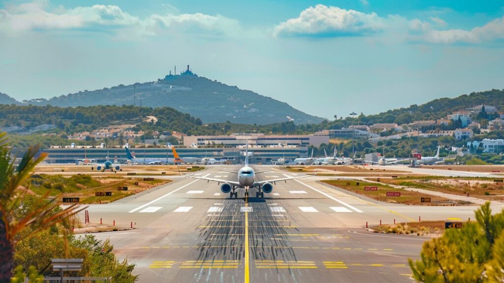 Vista aérea del Aeropuerto de Ibiza con aviones en pista y el mar Mediterráneo al fondo