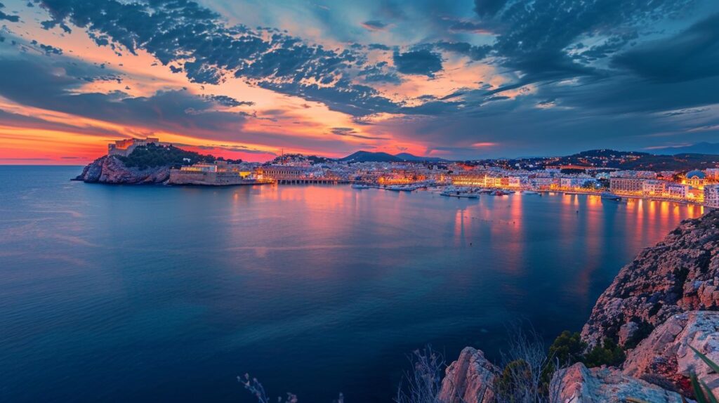 Paisaje de montaña al atardecer con cielo colorido y lago reflectante