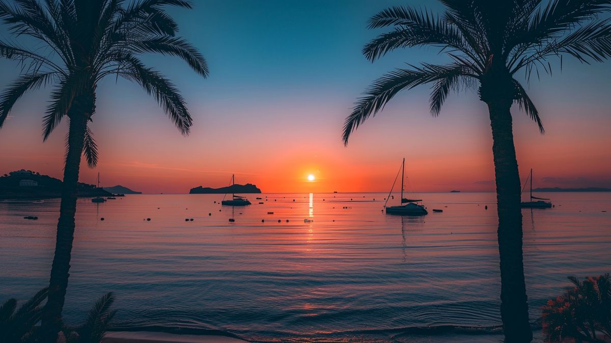 Puesta de sol en Ibiza vista desde la playa, perfecta para saber a qué hora se pone el sol en Ibiza