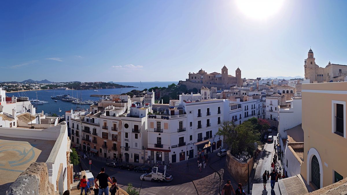 Vista panorámica de Ibiza ciudad, mostrando lugares turísticos populares qué ver y el mar Mediterráneo