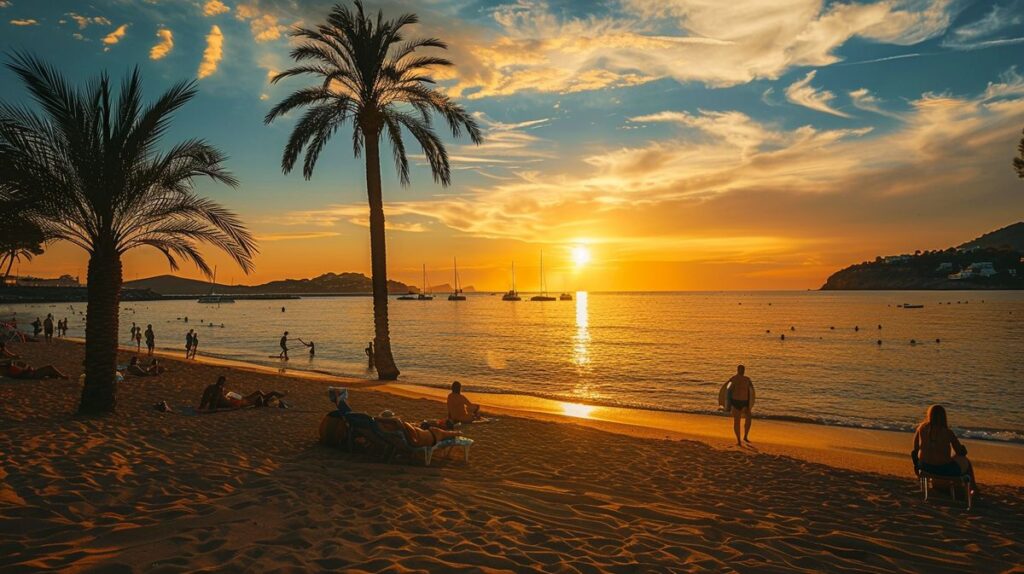 Vista panorámica de Playa Soleil Ibiza con turistas disfrutando del sol y el mar azul