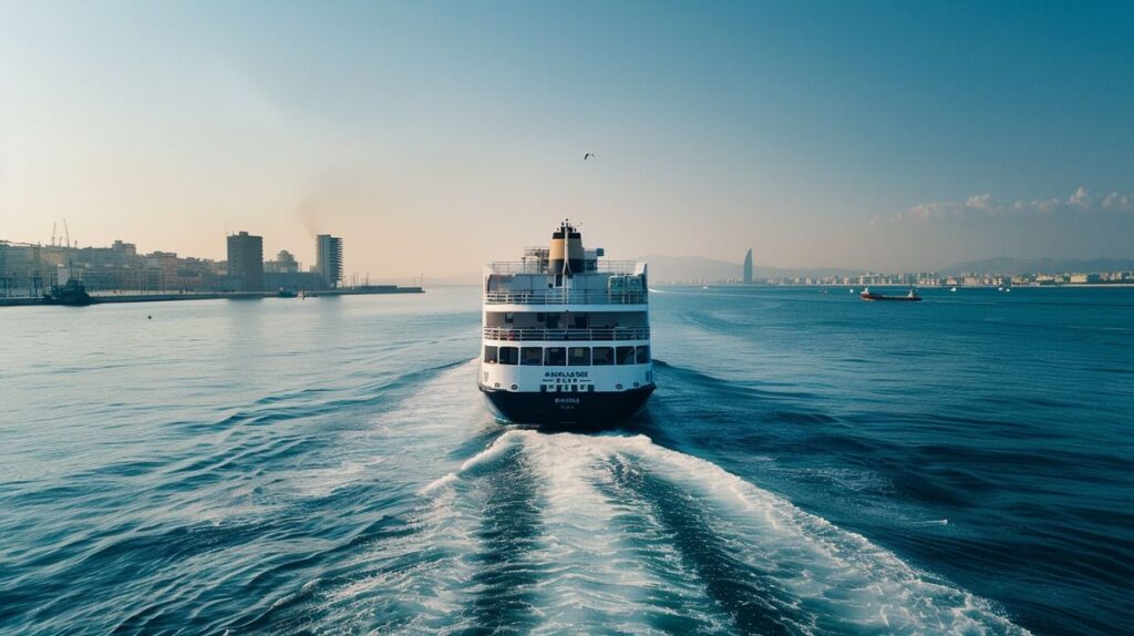 Ferry Valencia Ibiza navegando por el mar al atardecer con pasajeros a bordo