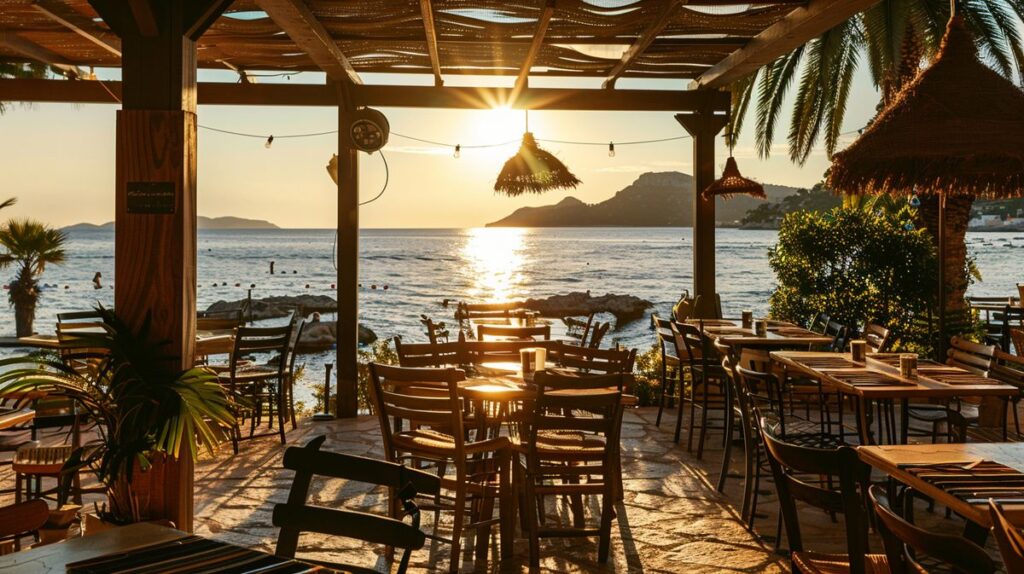 Vista nocturna de un elegante restaurante en Ibiza, ideal para decidir dónde cenar en Ibiza