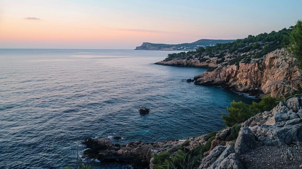 Vista panorámica de El Silencio Ibiza con un atardecer espectacular sobre el mar