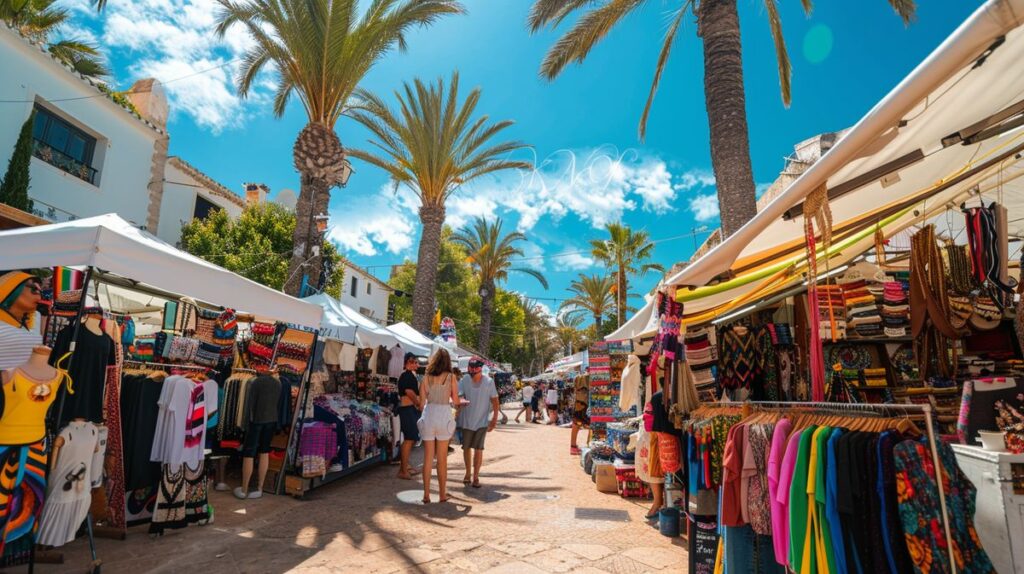 Vista aérea del mercadillo de las Dalias en Ibiza, mostrando puestos coloridos y visitantes disfrutando del mercado - descubre cuándo es el mercadillo de las Dalias en Ibiza