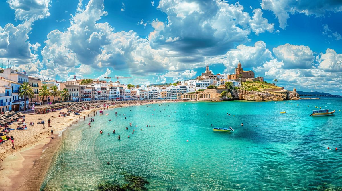 Vista panorámica de la costa de Ibiza con turistas disfrutando, perfecta para descubrir qué ver en Ibiza en un día