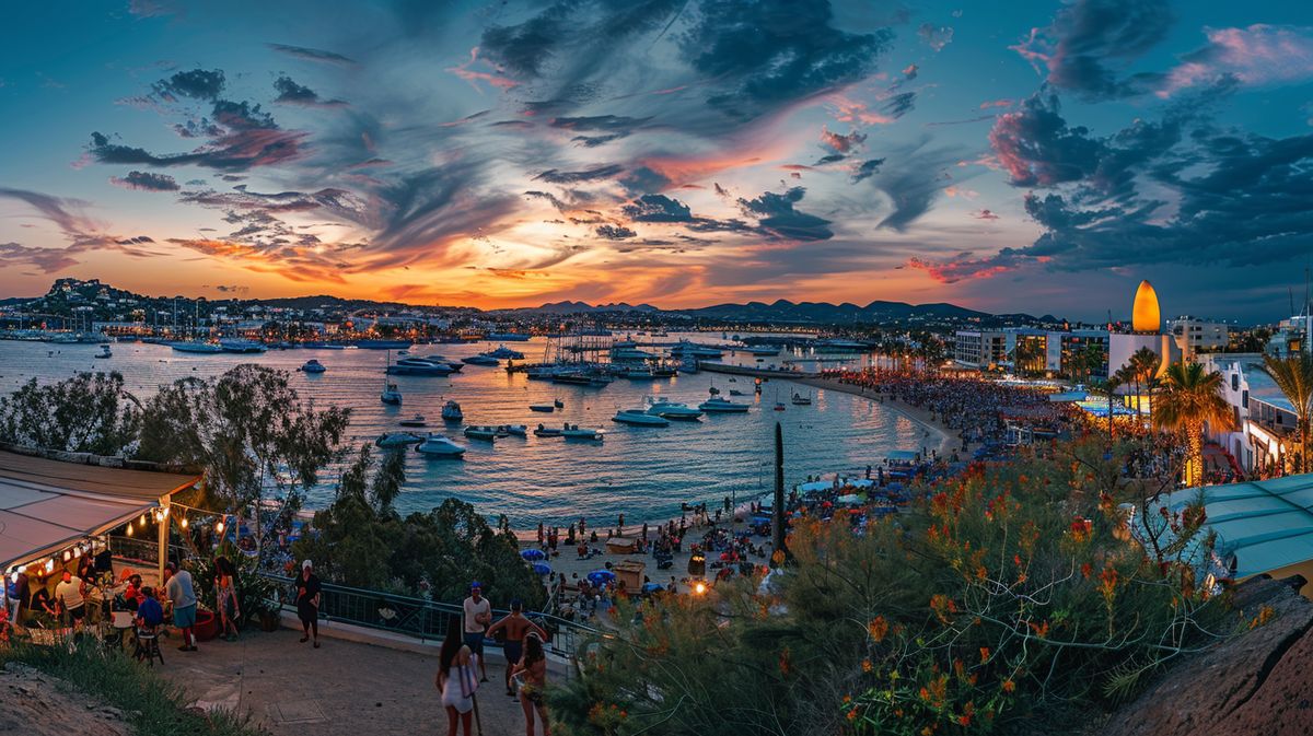 Vista panorámica de las atracciones turísticas populares qué ver en San Antonio Ibiza, mostrando la vibrante vida nocturna y el hermoso paisaje costero