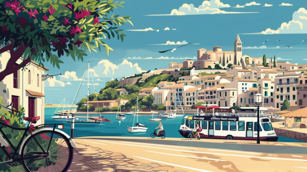 Guía visual sobre cómo moverse por Ibiza, mostrando diferentes modos de transporte disponibles en la isla