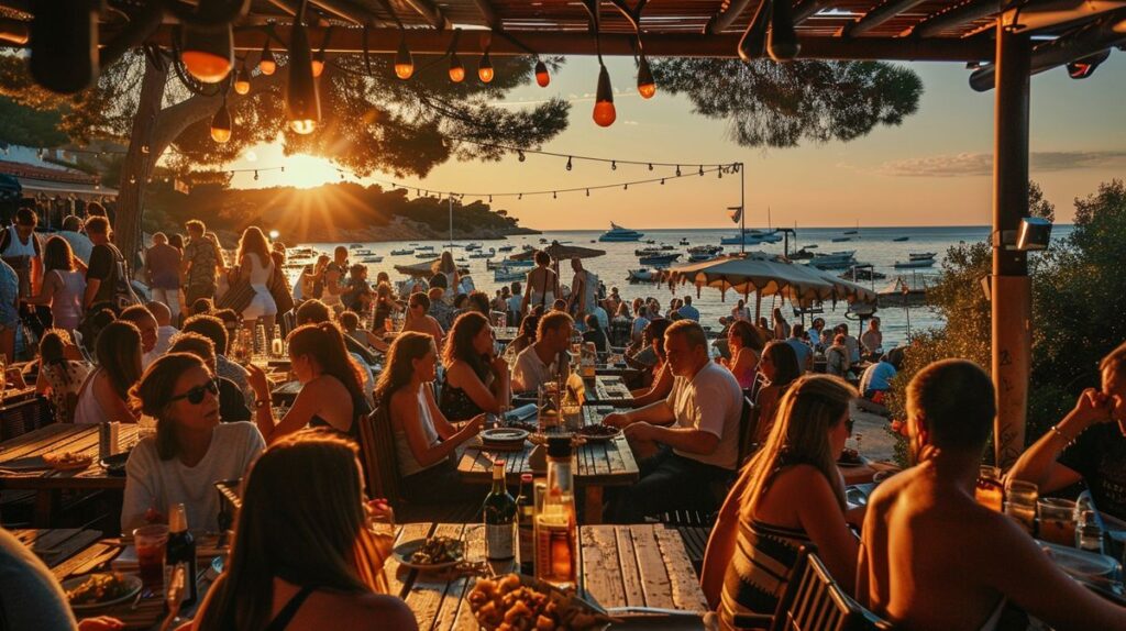 Vista aérea de restaurantes costeros en Ibiza, perfectos para decidir dónde comer en Ibiza