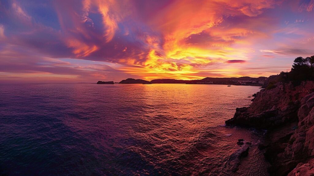 Imagen de un paisaje de montaña al atardecer con cielo colorido y reflejos en un lago