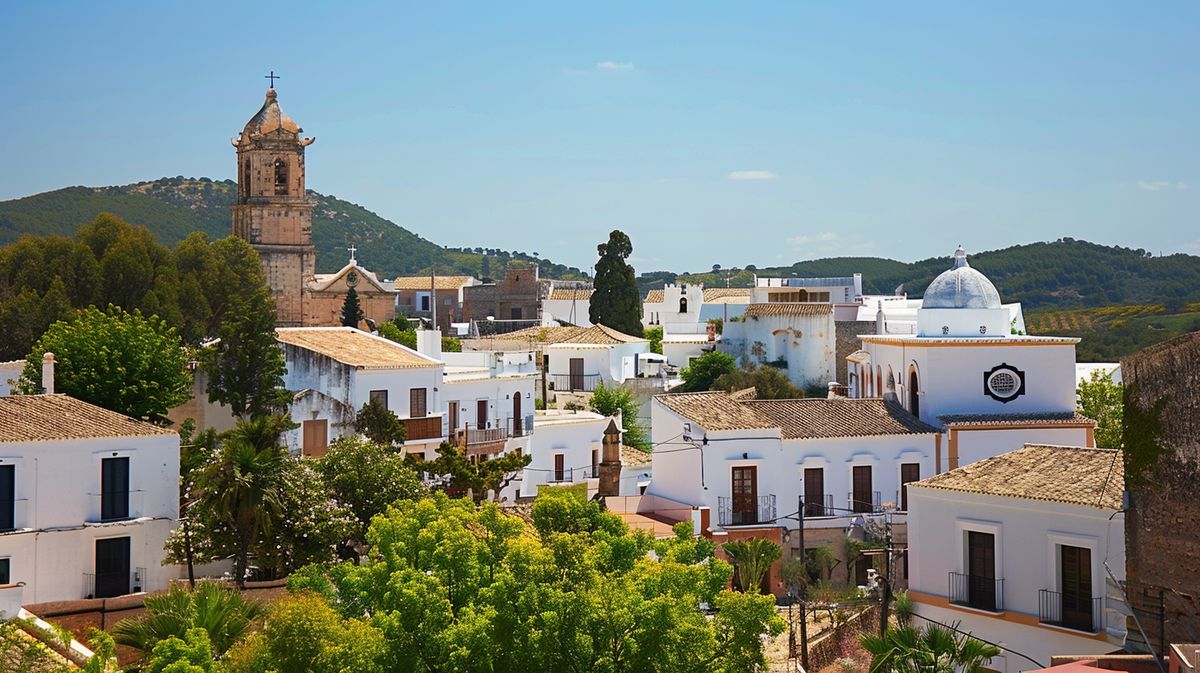 Vista panorámica de Santa Gertrudis, Ibiza, mostrando atracciones populares y calles vibrantes, ideal para descubrir qué ver en Santa Gertrudis Ibiza