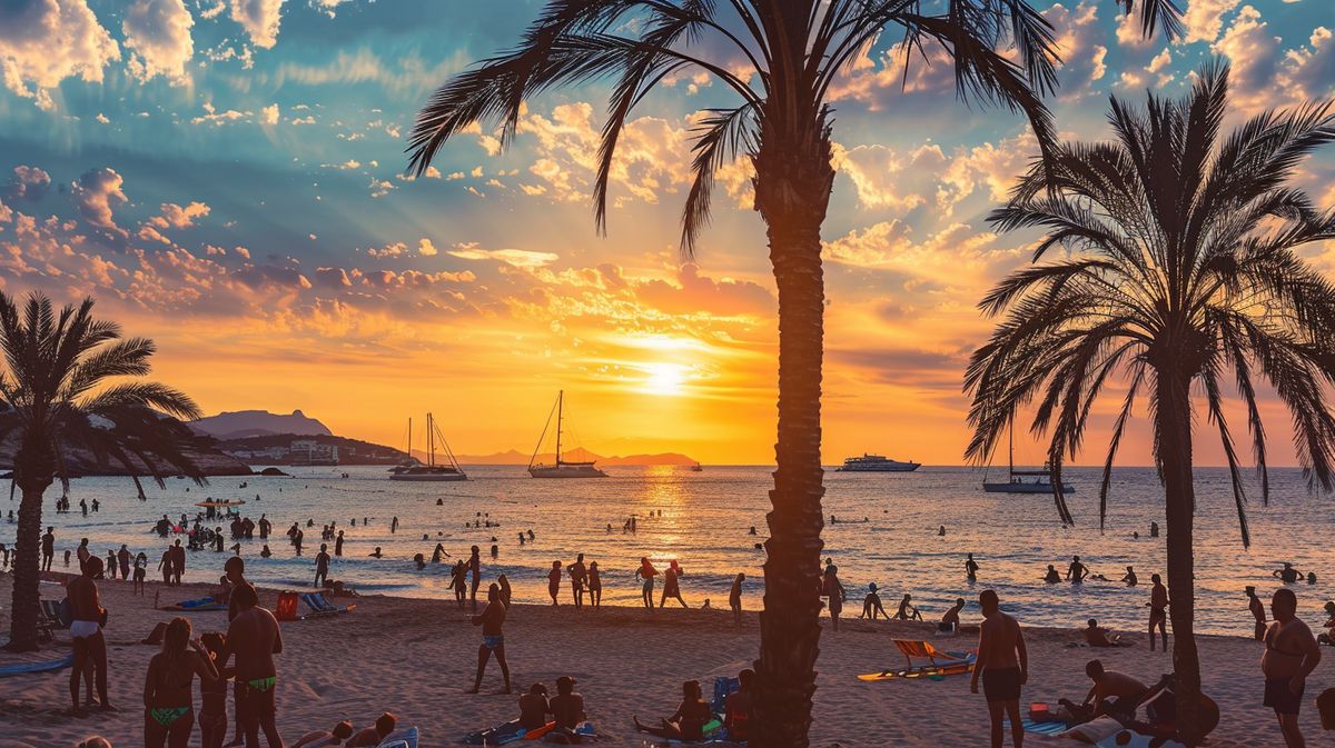 Vista panorámica de Playa Soleil Ibiza con turistas disfrutando del sol y el mar azul