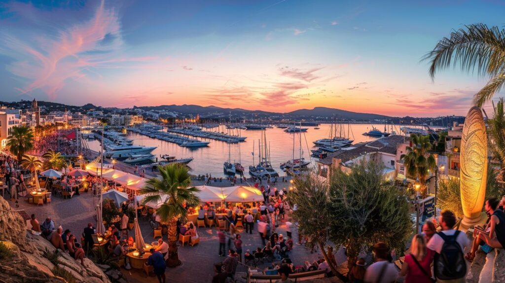 Vista panorámica de San Antonio, Ibiza, mostrando lugares turísticos populares qué ver en San Antonio Ibiza