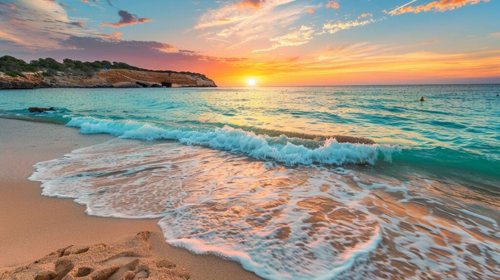 Vista panorámica de la playa Cala Comte Ibiza al atardecer con cielo colorido y aguas cristalinas