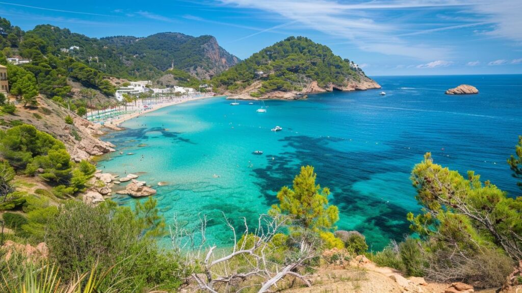 Vista panorámica de Cala San Vicente Ibiza con aguas cristalinas y arena dorada