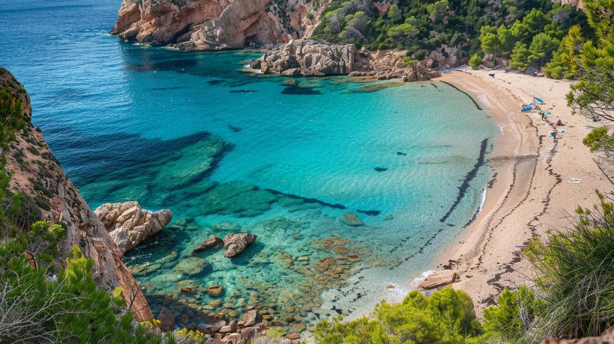 Vista panorámica de Calo des Moró Ibiza, mostrando las aguas cristalinas y la playa arenosa rodeada de naturaleza