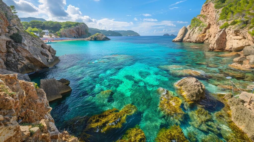 Vista panorámica de una de las mejores calas de Ibiza, mostrando aguas cristalinas y arena blanca rodeada de naturaleza