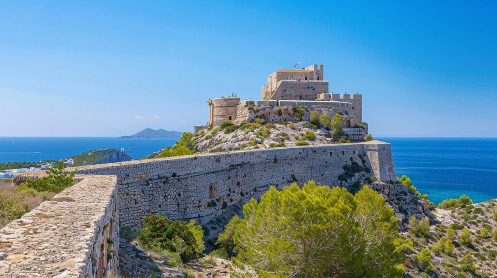 Vista panorámica del castillo de Ibiza al atardecer con cielo colorido