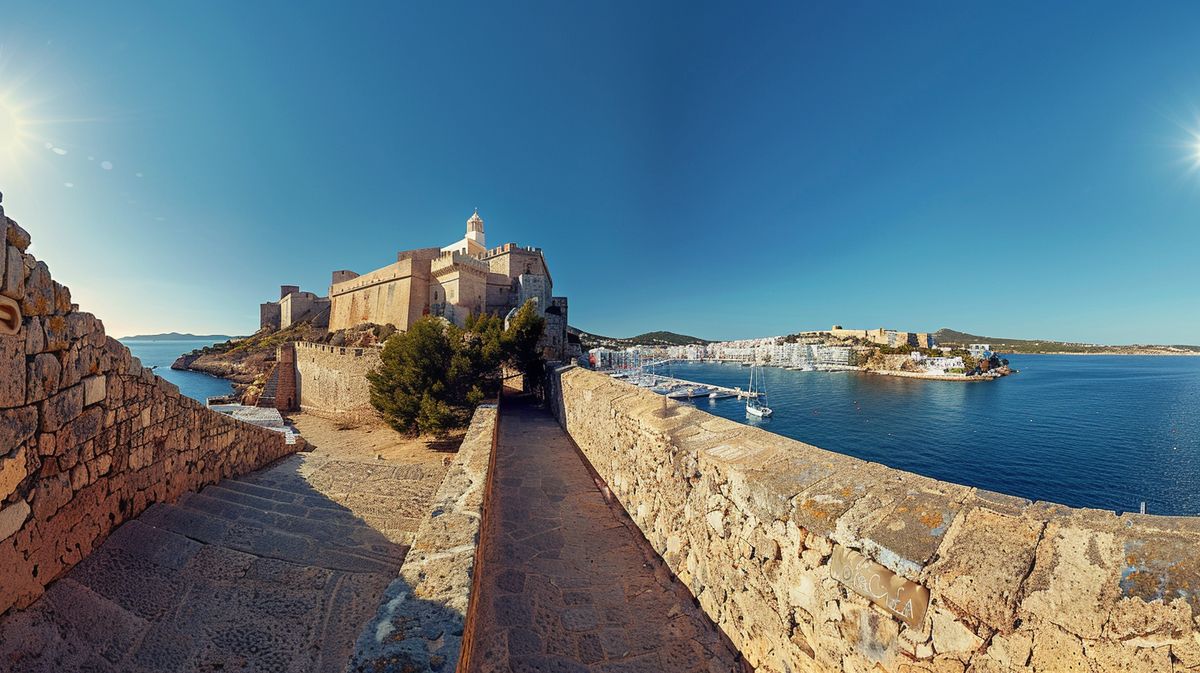 Vista panorámica de Dalt Vila Ibiza al atardecer con luces iluminando las antiguas murallas