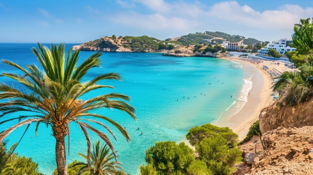 Vista panorámica de la playa de Es Canar Ibiza, mostrando turistas disfrutando del sol y el mar azul claro