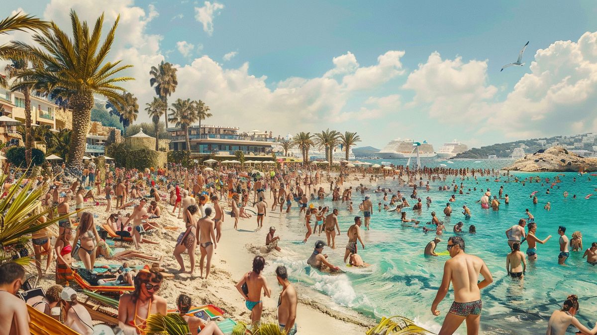 Vista panorámica de la playa Bora Bora Ibiza con turistas disfrutando del sol y el mar