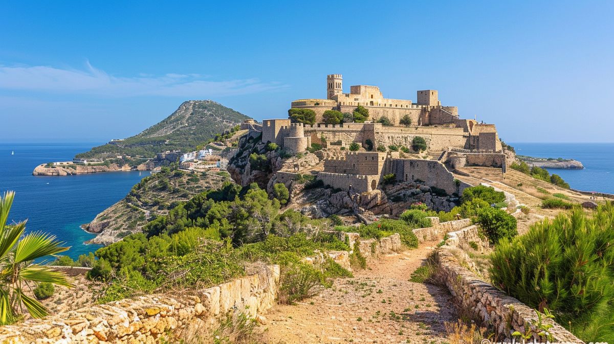 Vista panorámica del castillo de Ibiza durante el atardecer con cielo colorido