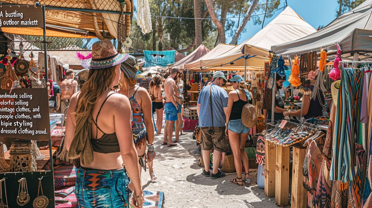 Vista colorida del marché hippie Ibiza, mostrando puestos variados y visitantes disfrutando del ambiente festivo