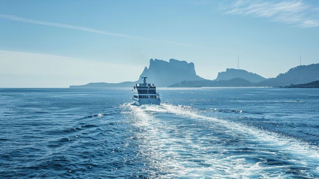 Ferry Mallorca Ibiza navegando por el mar al atardecer