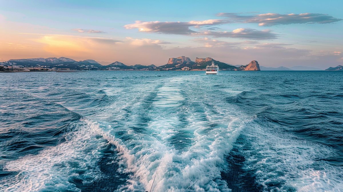 Ferry Mallorca Ibiza navegando por el mar azul durante el atardecer