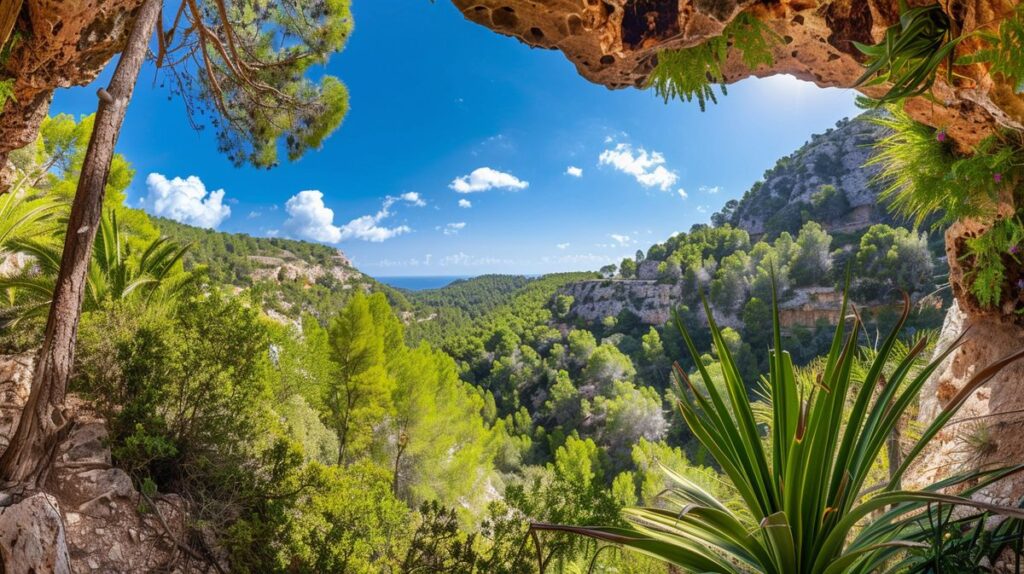 Vista panorámica de Cova Santa Ibiza durante un atardecer vibrante con visitantes disfrutando del ambiente