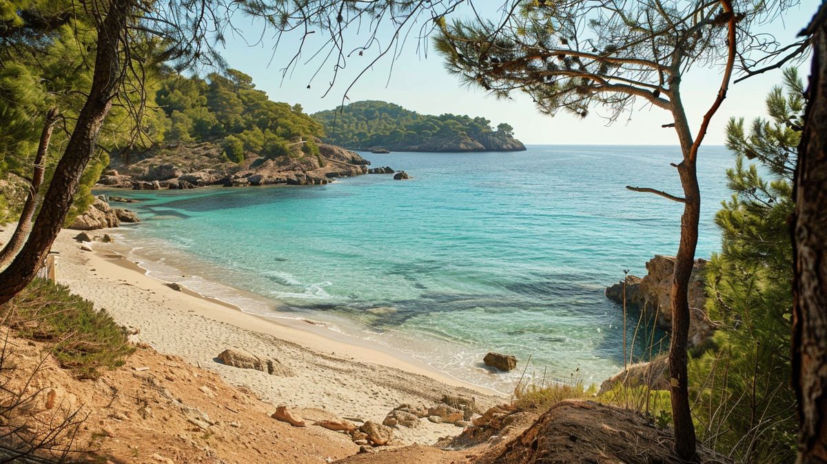 Vista panorámica de Cala Salada Ibiza con aguas cristalinas y arena dorada