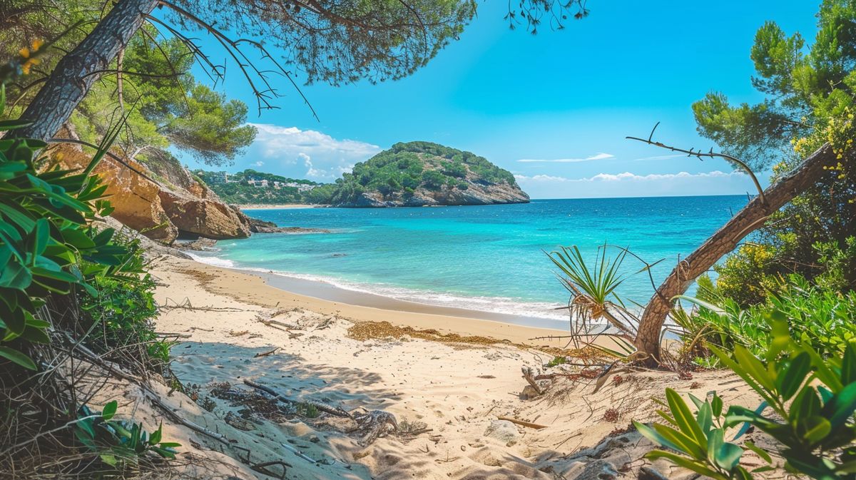 Vista panorámica de la playa Cala Nova Ibiza con aguas cristalinas y arena dorada