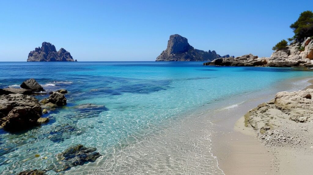 Vista panorámica de Cala d'Hort Ibiza con el mar azul y acantilados al fondo