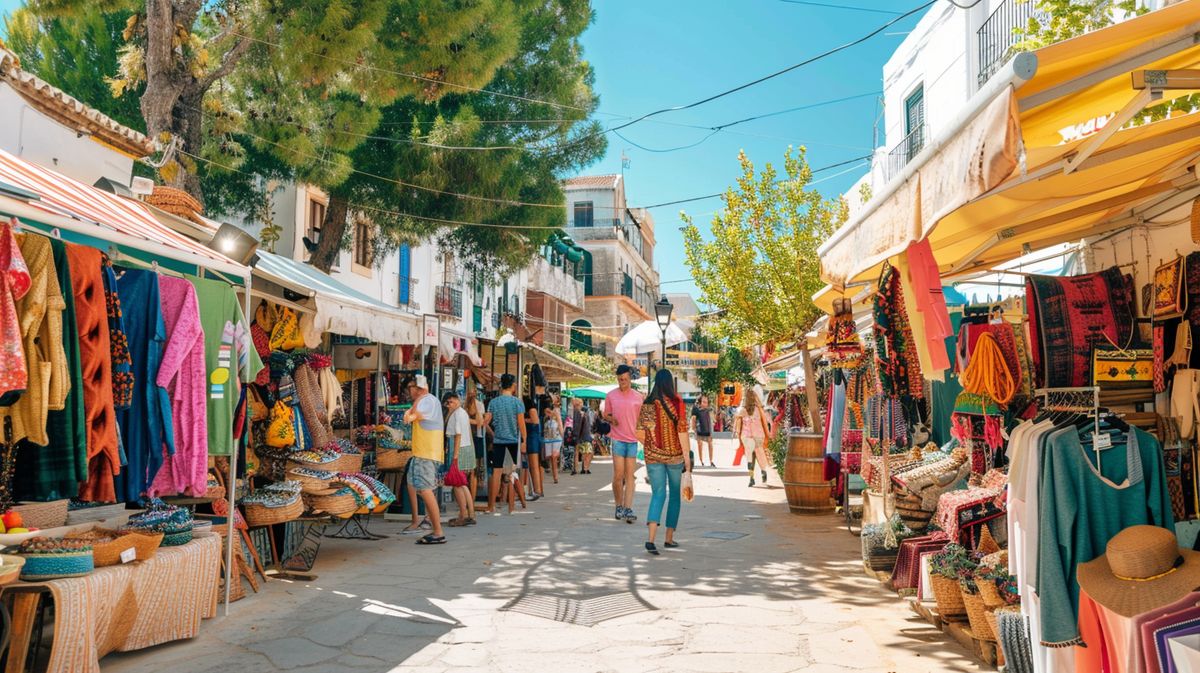 Mujer disfrutando de compras en Ibiza en una boutique local al aire libre