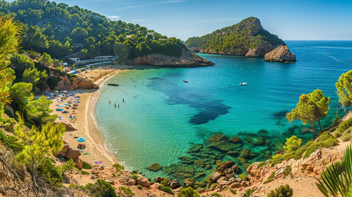 Vista aérea de la impresionante Cala San Vicente Ibiza con aguas cristalinas y arena dorada