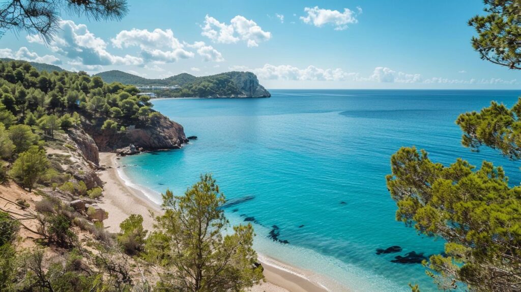 Vista panorámica de Cala Salada Ibiza con aguas cristalinas y arena dorada