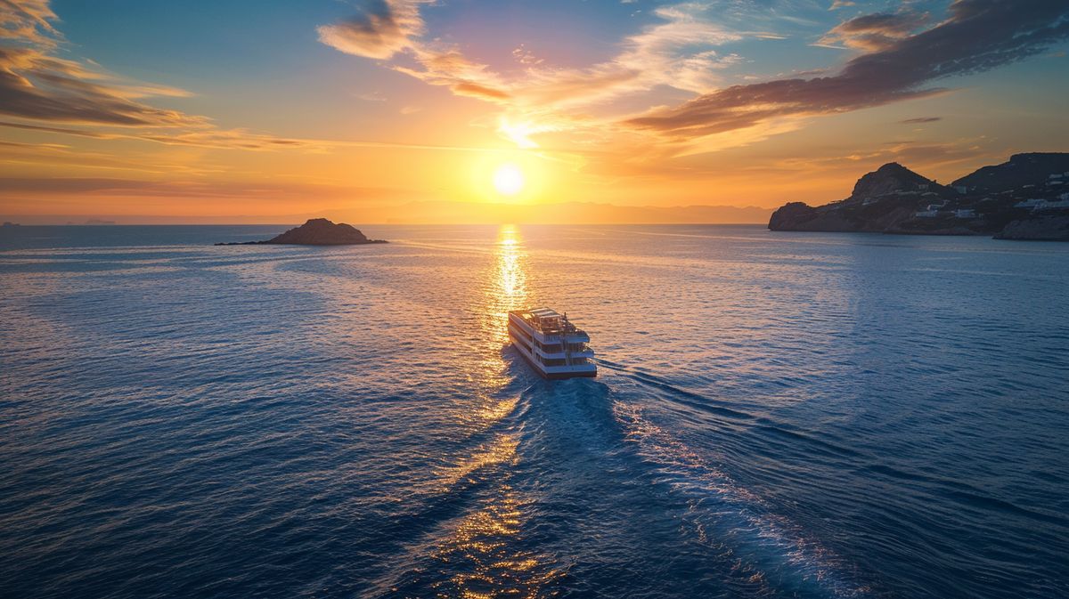 Ferry Ibiza Barcelona navegando por el mar al atardecer con vistas panorámicas