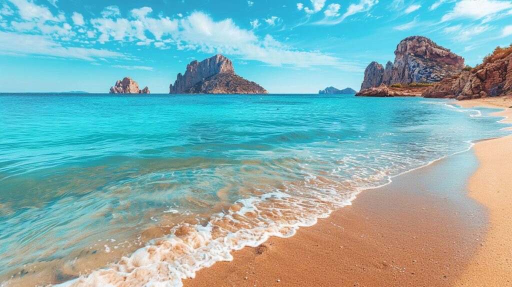 Imagen de un paisaje natural con montañas al fondo y un lago cristalino en primer plano, reflejando el cielo azul y las nubes blancas