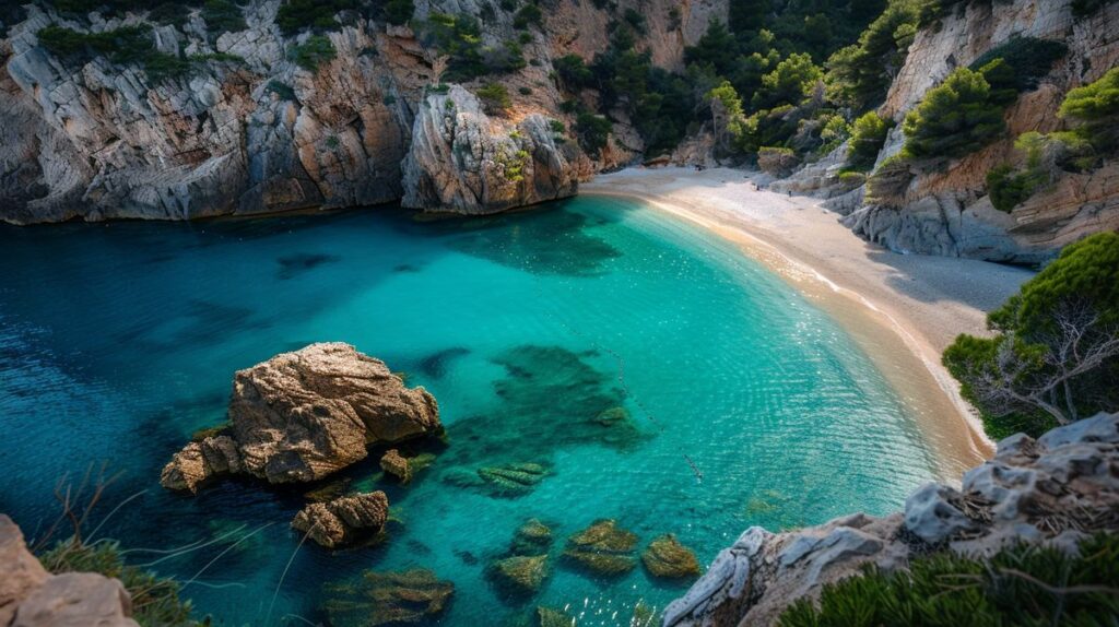 Imagen de un paisaje natural con montañas al fondo y un lago en primer plano bajo un cielo azul claro