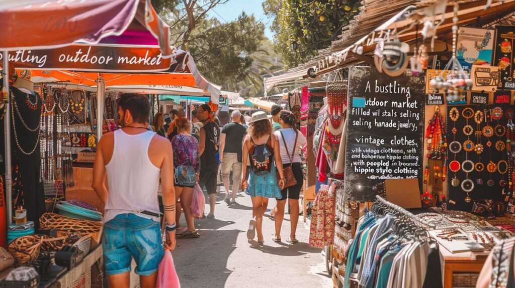 Vista colorida del marché hippie Ibiza con puestos de artesanía y visitantes disfrutando del ambiente