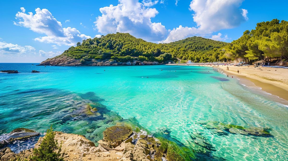 Vista panorámica de la playa de Cala Llonga Ibiza con turistas disfrutando del sol y el mar cristalino